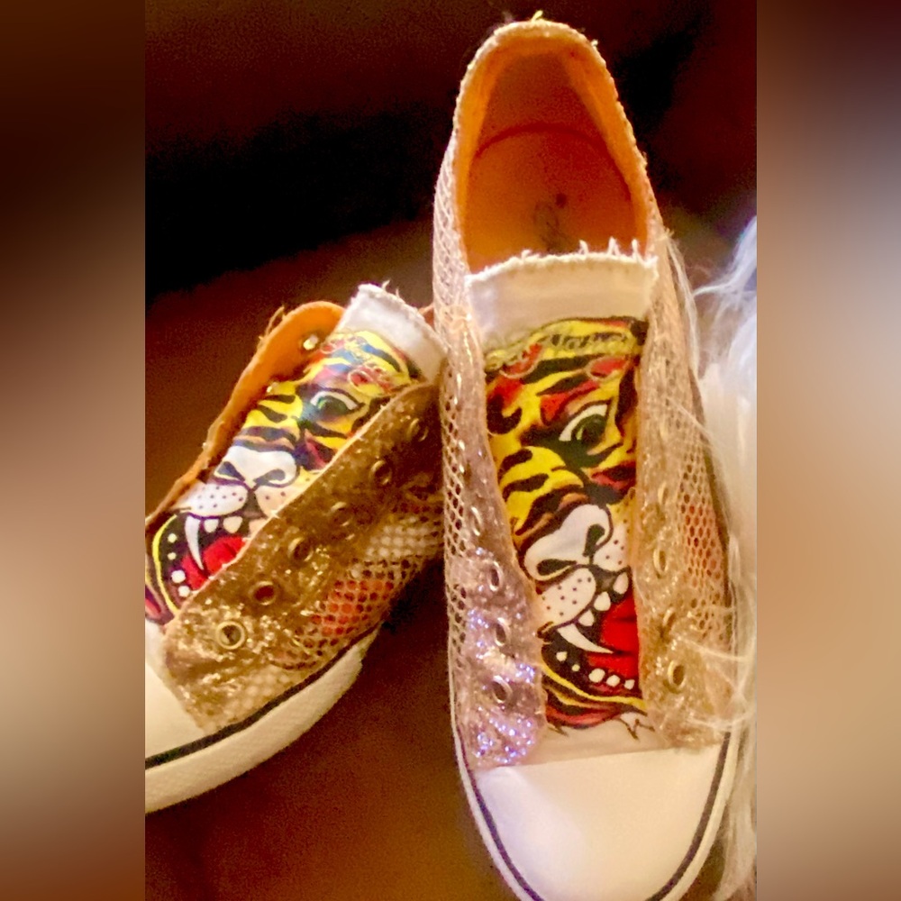Rare Ed Hardy Gold Glitter Tiger Tattoo Slip-On Sneakers – Size 9 US women